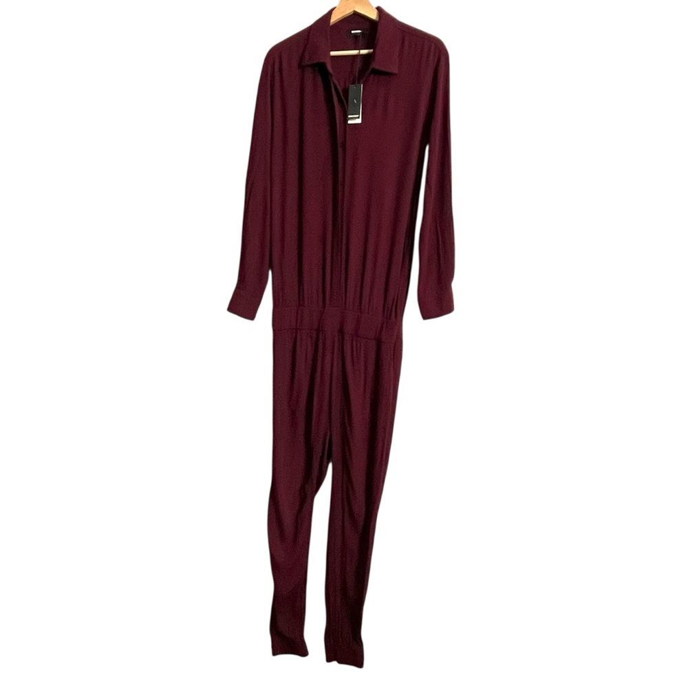 MONROW NWT Crepe Jumpsuit Women’s XS Bordeaux Long Sleeve Button Waist Work - Picture 2 of 12